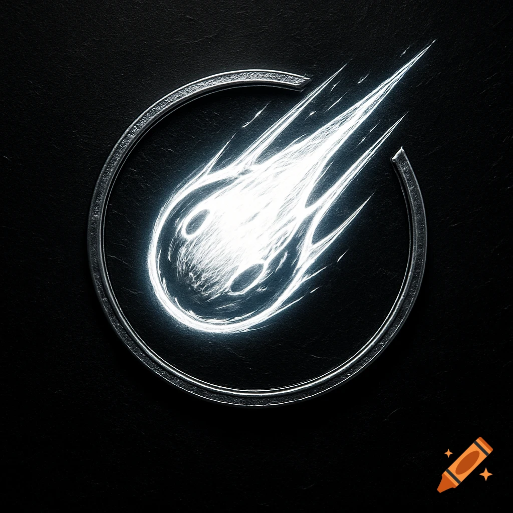 A glowing white meteor streaking inside a broken silver metallic circle on a dark textured background, designed as an esports logo.
