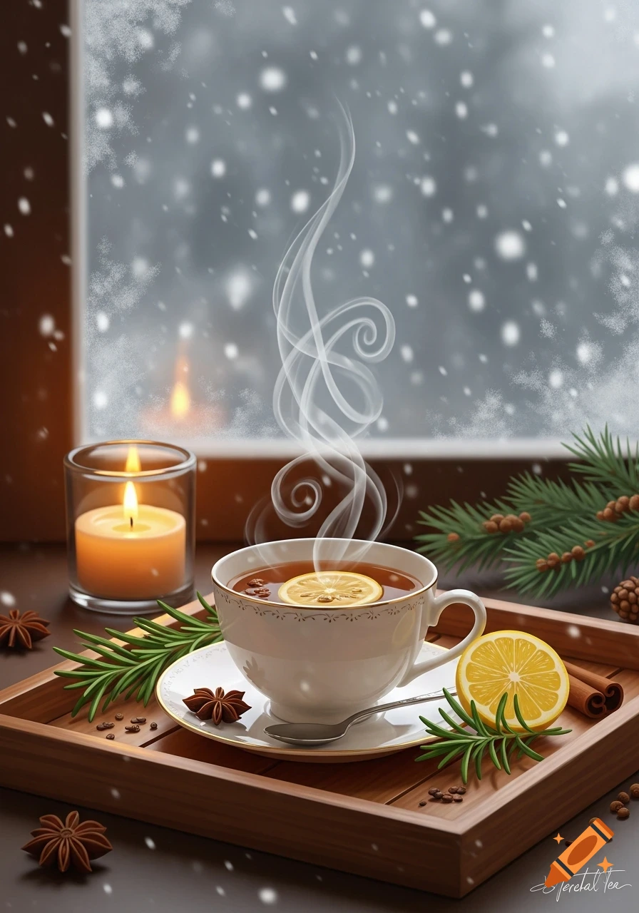 A steaming cup of tea with a lemon slice and spices on a wooden tray, next to a lit candle, with snow falling outside a window in a cozy winter scene.