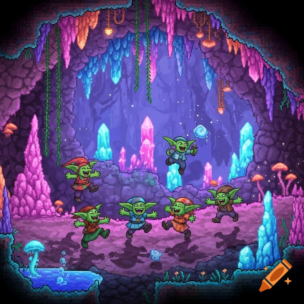 Joyful goblins hop and dance in a vibrant pixel art cave with glowing purple and blue crystals.