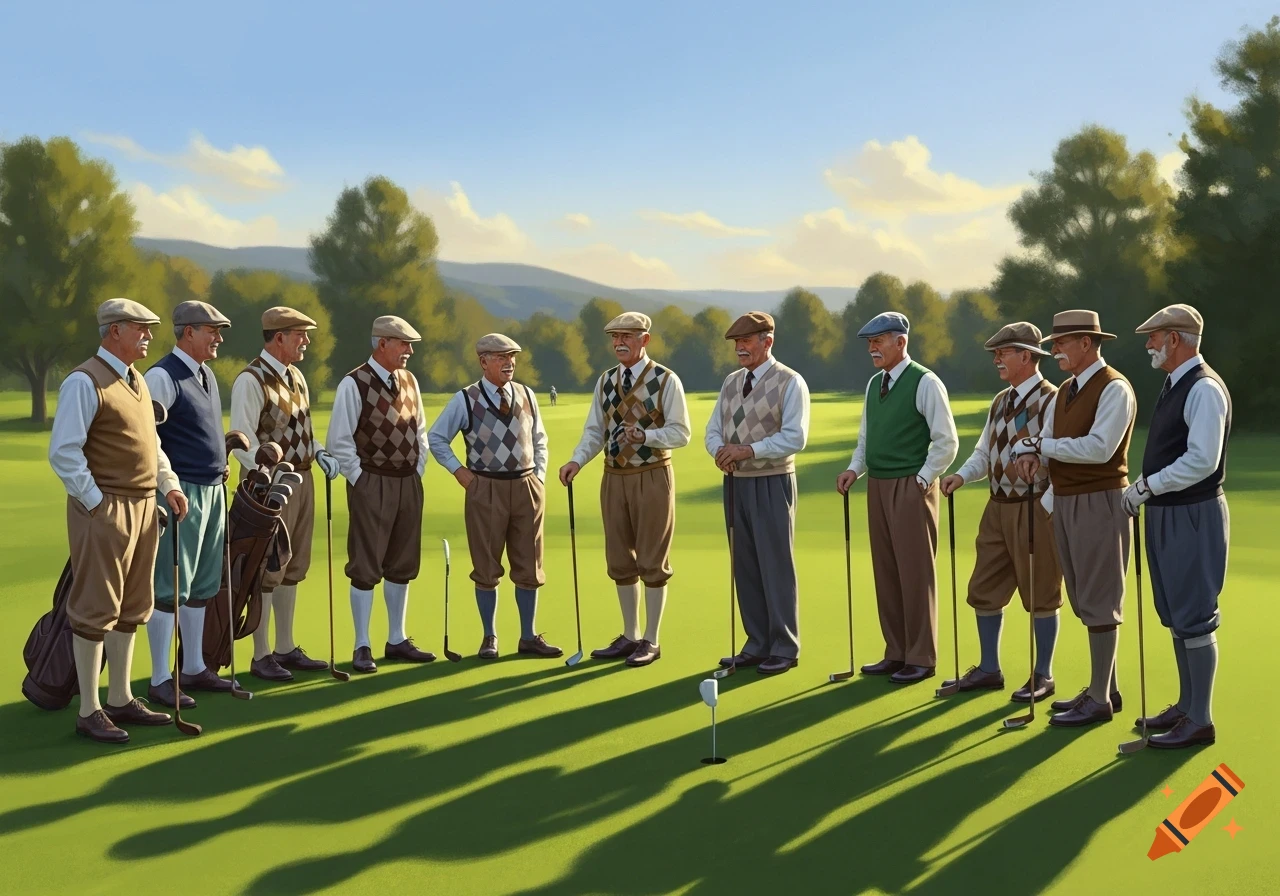 A group of older men in vintage golf attire standing with clubs on a sunny green golf course.