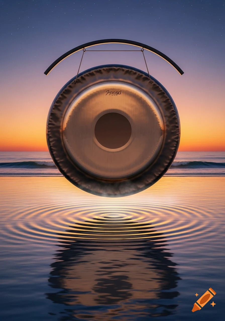 A photorealistic gong hangs over calm ocean water with ripples at sunset.
