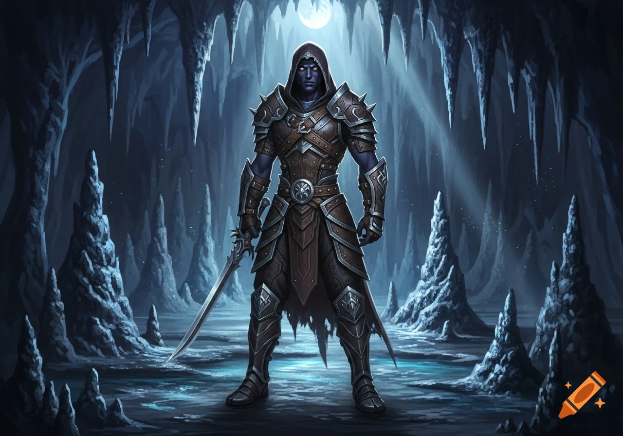 A dark-skinned male fantasy warrior in leather and metal armor with a hood and sword, stands in an ice cave illuminated by a full moon.