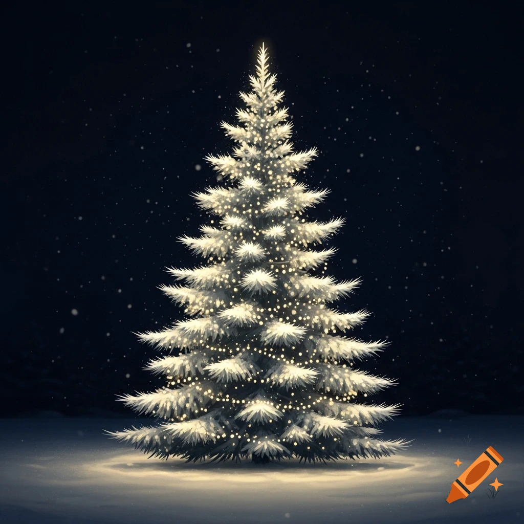 A brightly lit Christmas tree covered in snow stands in a dark, snowy ...