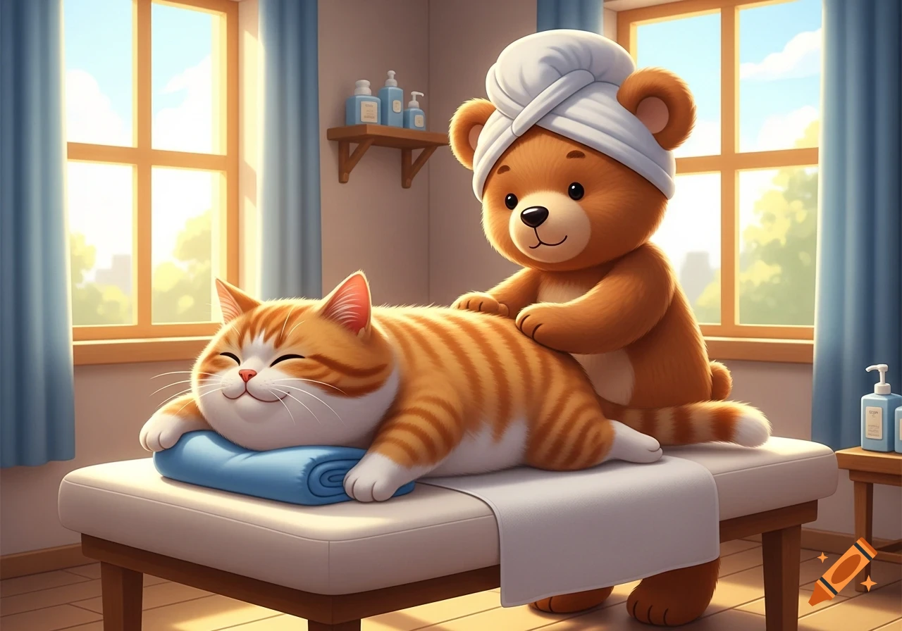 A cute orange and white striped cat getting a back massage from a teddy bear wearing a white towel, in a bright room.