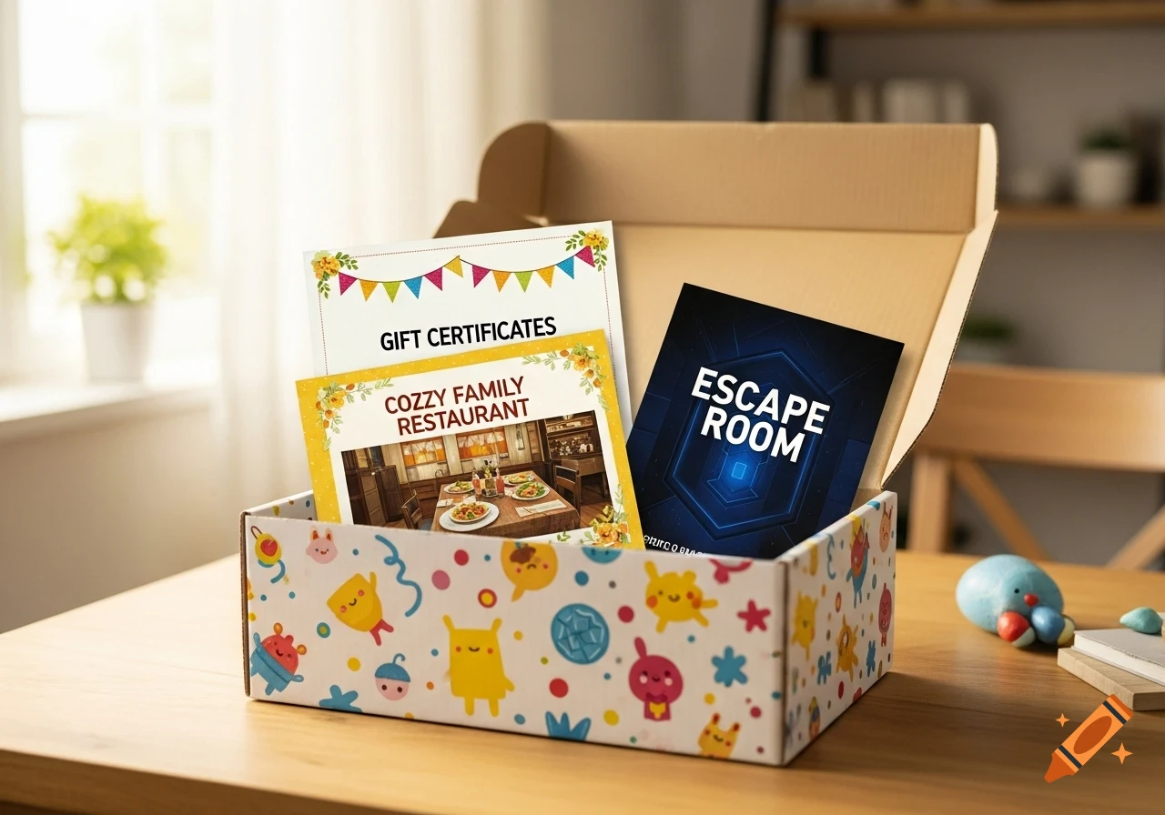 A decorative gift box containing 'Cozzy Family Restaurant' and 'Escape Room' gift certificates on a wooden table.