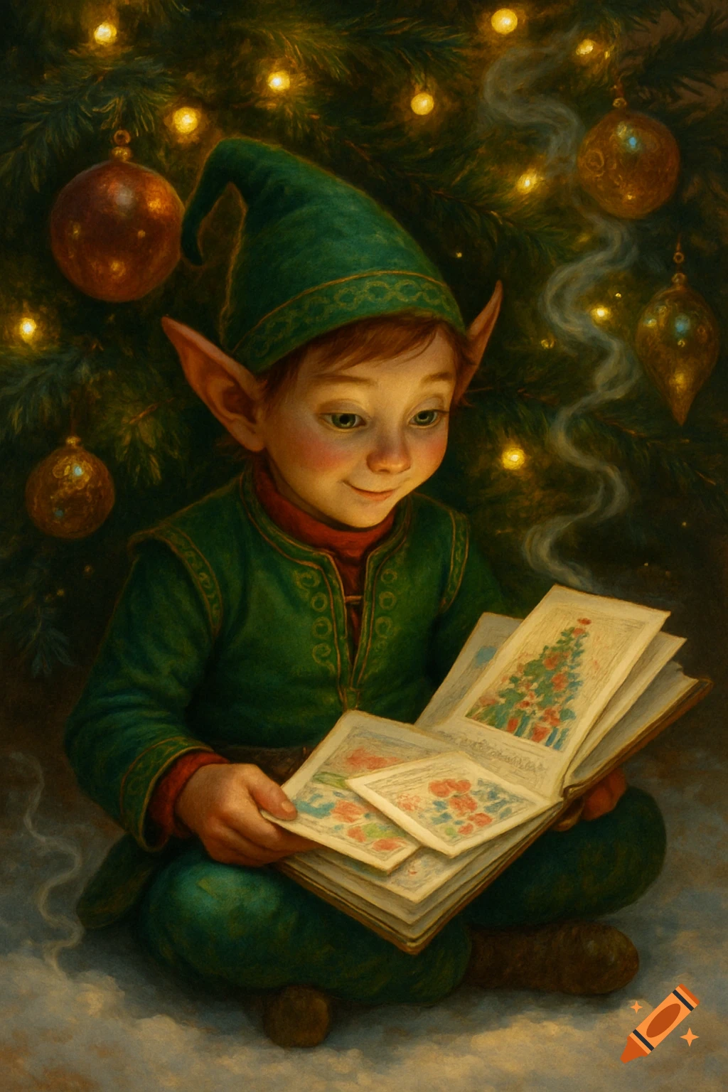 A smiling young Christmas elf in green sits under a decorated Christmas tree, looking at a book filled with drawings.