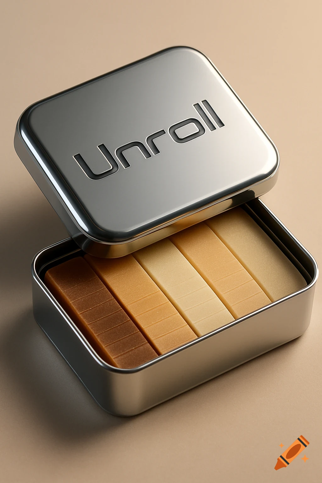 A sleek, minimalist metallic tin with 'Unroll' embossed on its lid, open to reveal rectangular flavored strips in various natural shades.