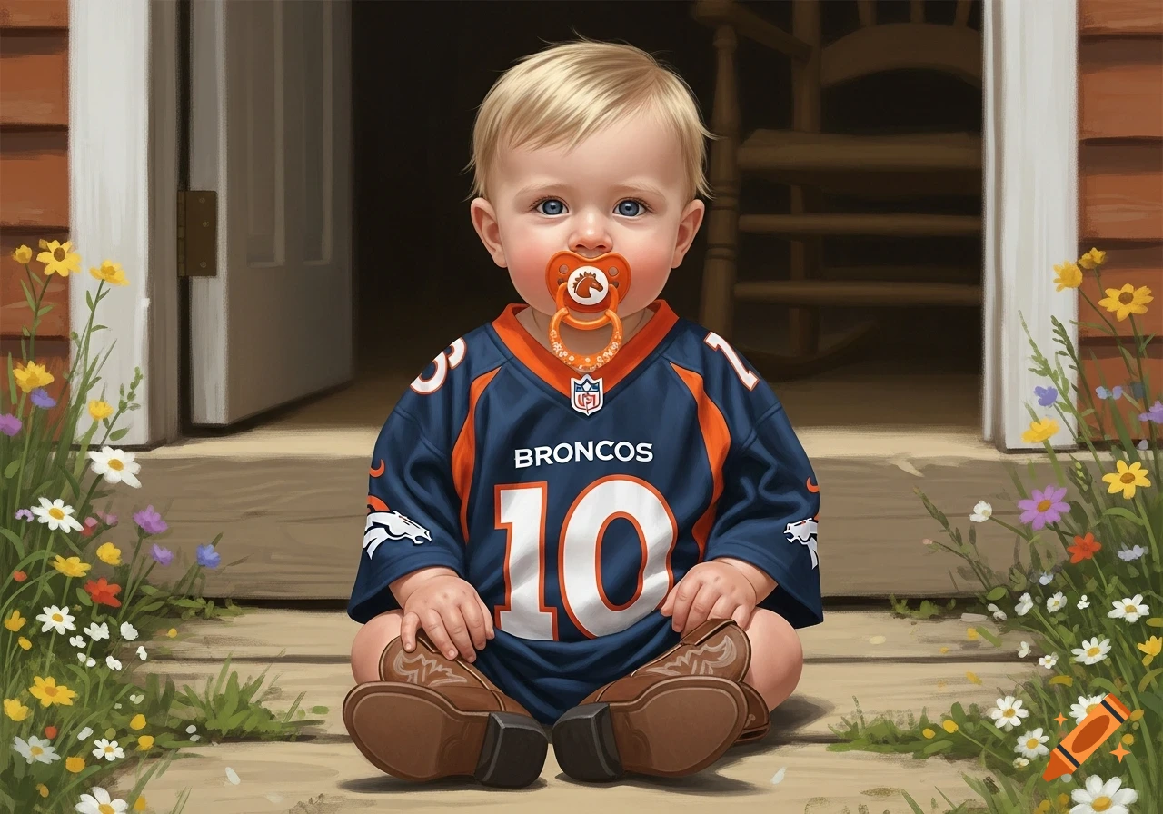 A blonde-haired baby boy with blue eyes, wearing a Denver Broncos jersey and cowboy boots, sits on a porch with an orange pacifier.
