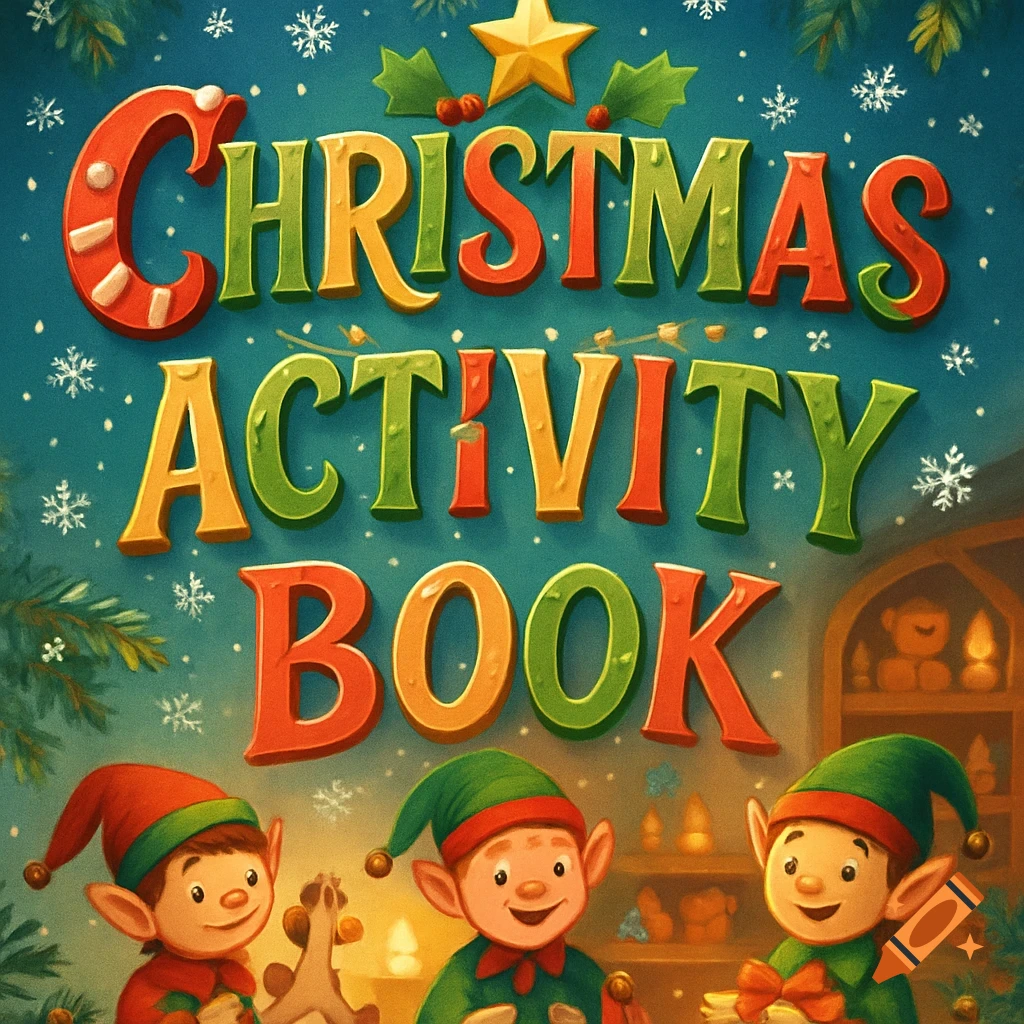 A colorful illustration of "Christmas Activity Book" with three smiling elves and festive decorations.