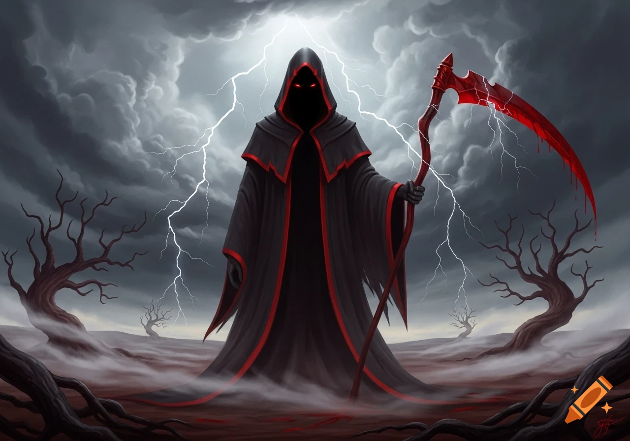 A dark, cloaked figure with glowing red eyes holds a blood-red scythe ...