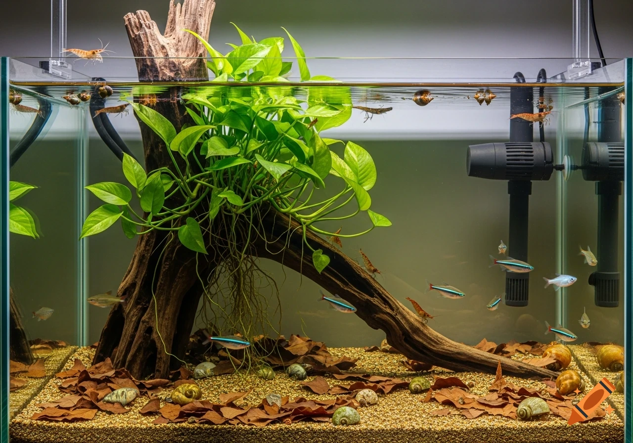 A serene aquascape featuring a large branch breaking the waterline, a houseplant with roots submerged, brown leaves on the substrate, small fish, shrimp, and snails.