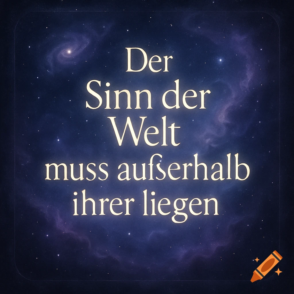 Glowing white German philosophical quote, 'Der Sinn der Welt muss außerhalb ihrer liegen,' set against a dark blue starry nebula background.
