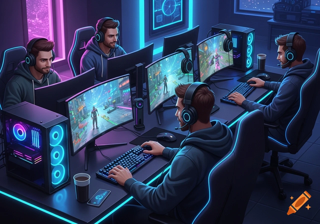 Four men wearing headsets playing video games on multiple curved monitors in a neon-lit gaming room.