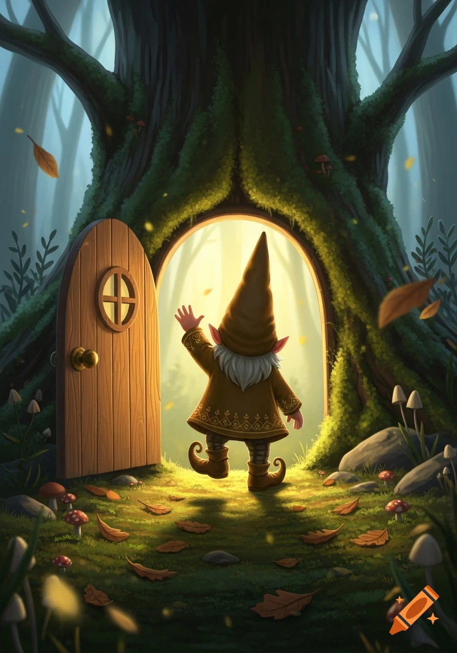 A cute gnome waves while standing at the glowing entrance of a tree house in a magical forest, in a whimsical illustration style.