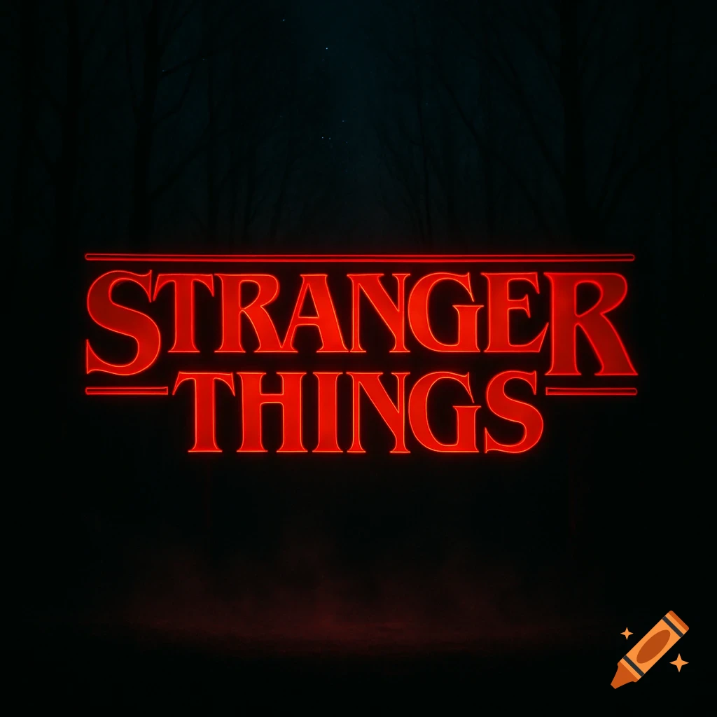 The glowing red Stranger Things logo on a dark background with faint trees.