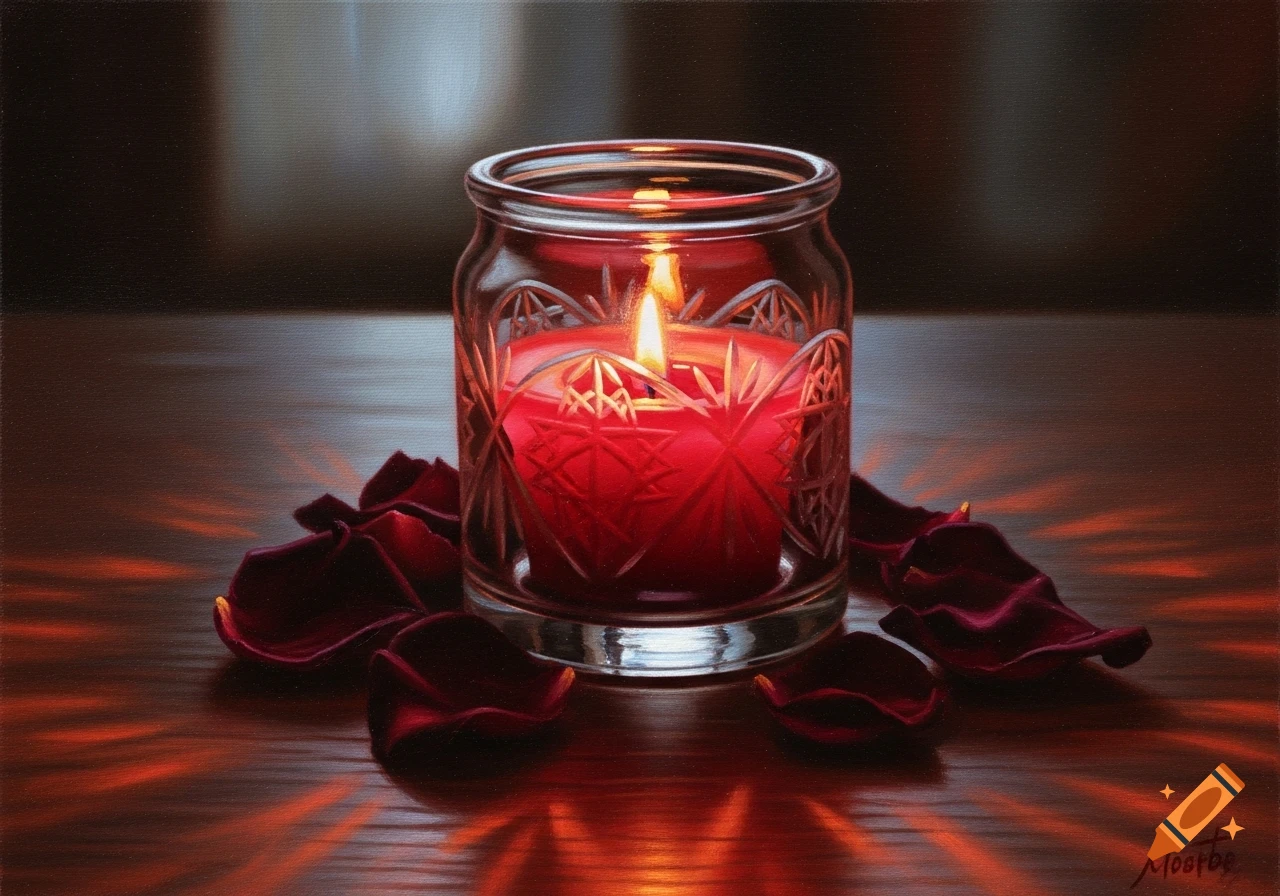 A red candle in a clear glass jar with ornate patterns, surrounded by dark red rose petals on a reflective wooden surface, with warm light and reflections.