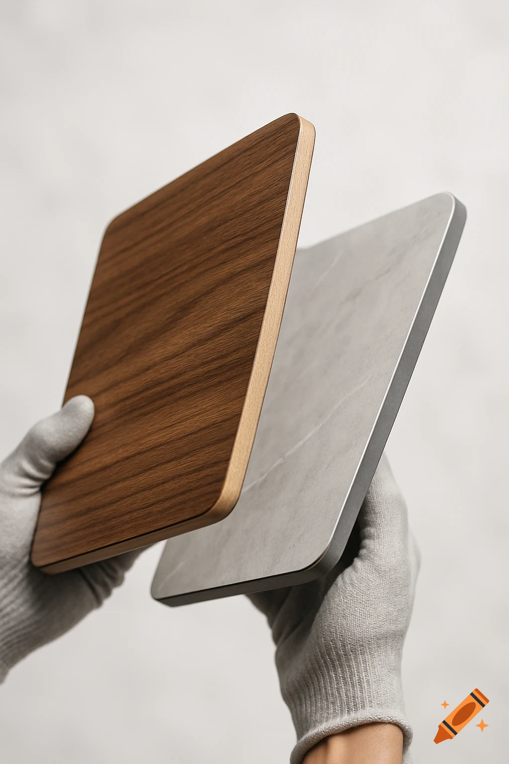 Gloved hands hold up two square boards, one with a wood grain and the other with a grey marble pattern, in a close-up product shot.