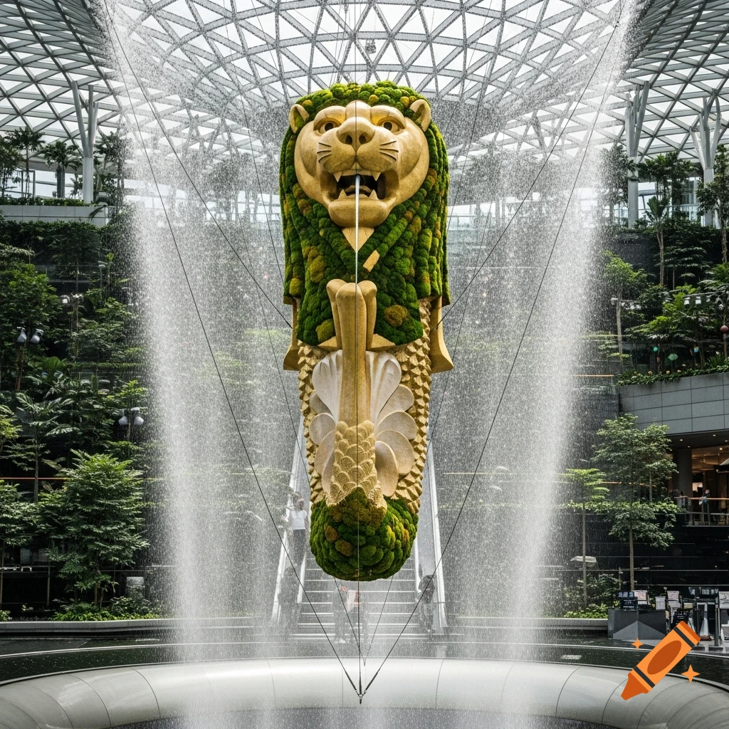 A large gold and green moss-covered Merlion statue spouting water in the center of an indoor waterfall at Singapore's Jewel Changi Airport.