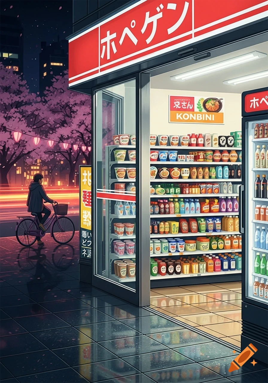 An anime-style illustration of a Japanese convenience store at night, with a person on a bicycle outside under cherry blossom trees with glowing lanterns.