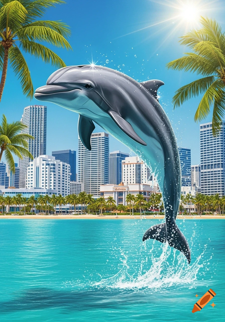 A photorealistic image of a dolphin leaping out of turquoise ocean water, with a sunny cityscape and palm trees in the background.