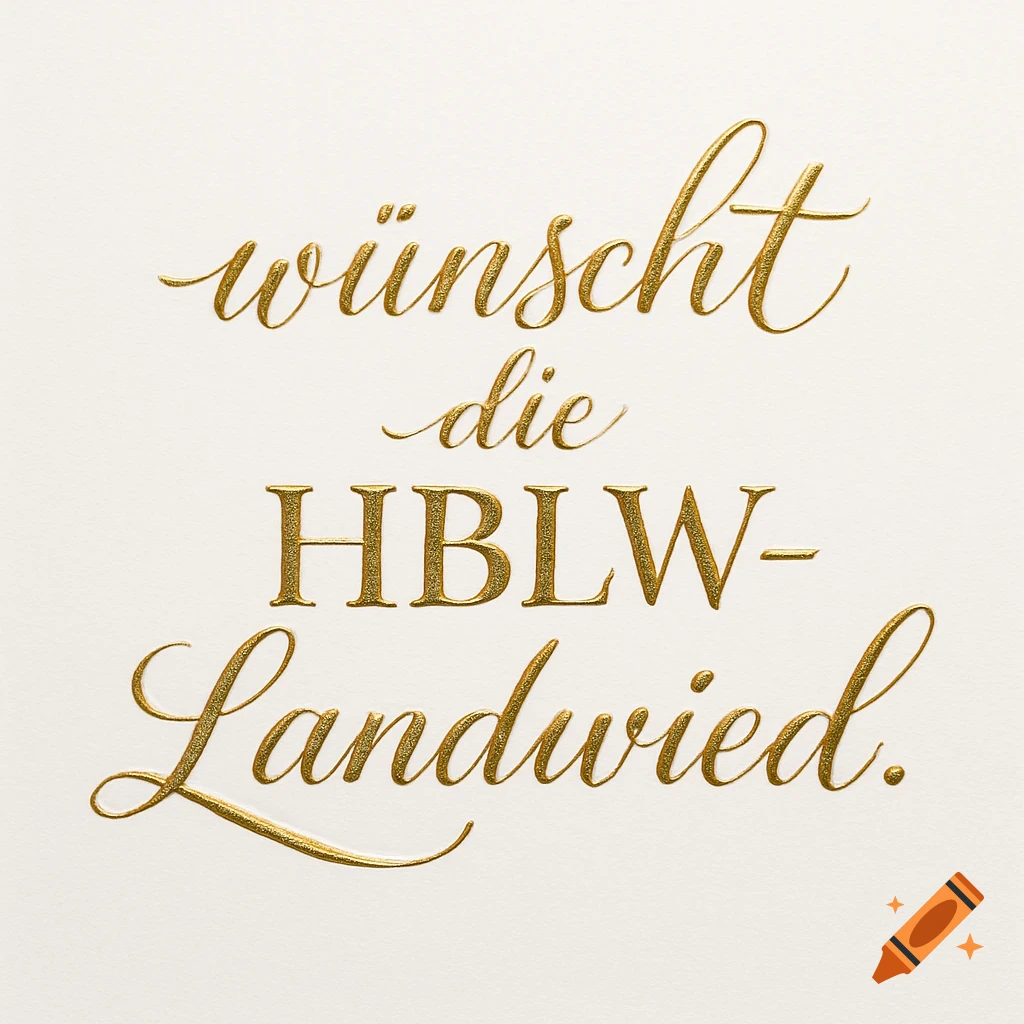 Elegant gold calligraphy lettering spelling 'wünscht die HBLW-Landwied.' on a white background.