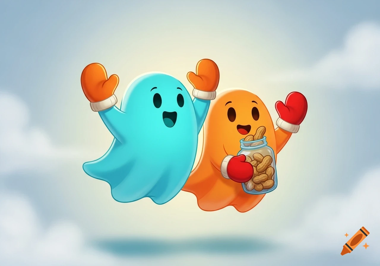 Two friendly cartoon ghosts, one cyan with orange mittens, the other orange with red mittens holding peanuts, float in a bright sky.