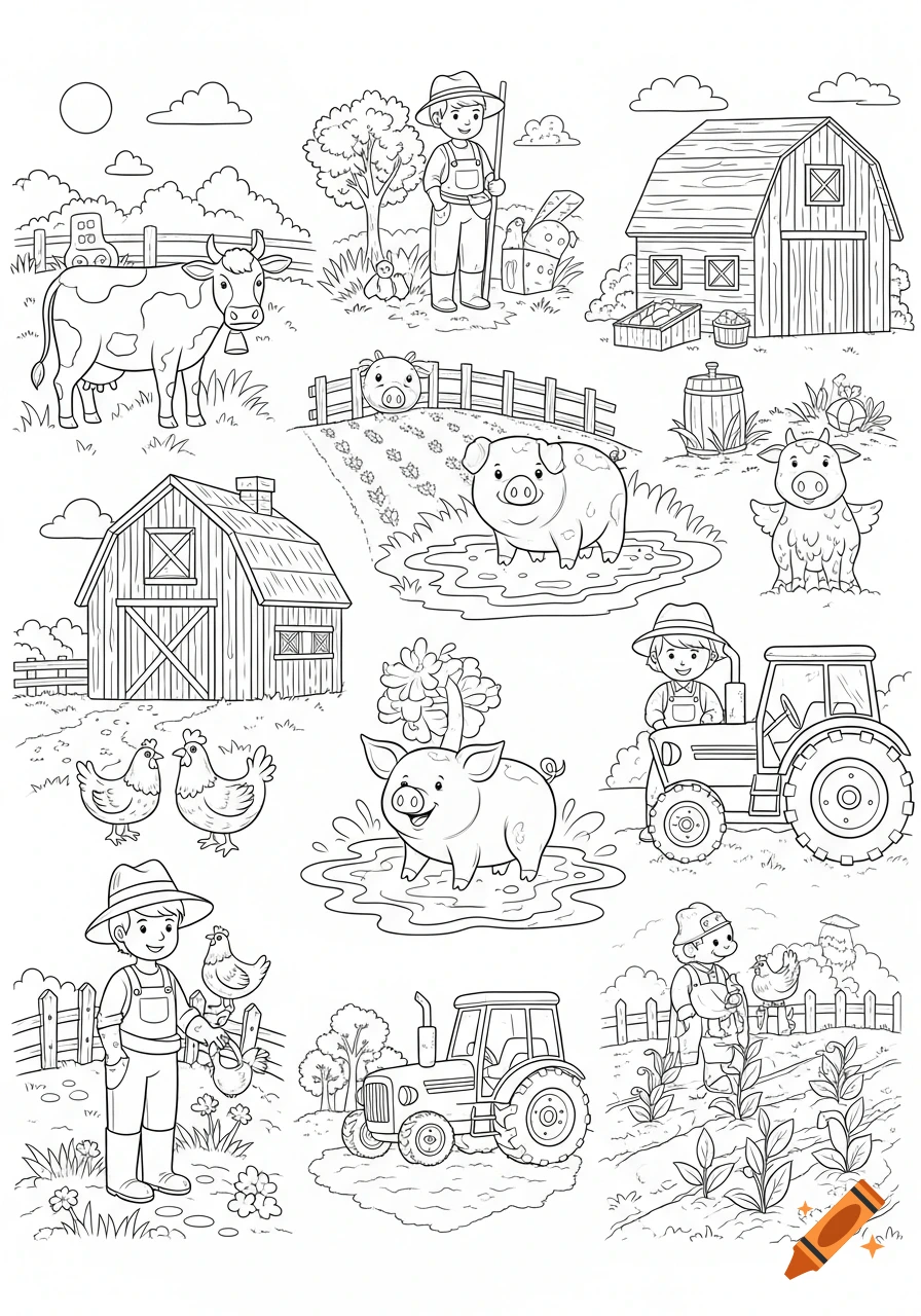 A black and white coloring book page featuring various farm scenes with farmers, barns, cows, pigs, chickens, and tractors.
