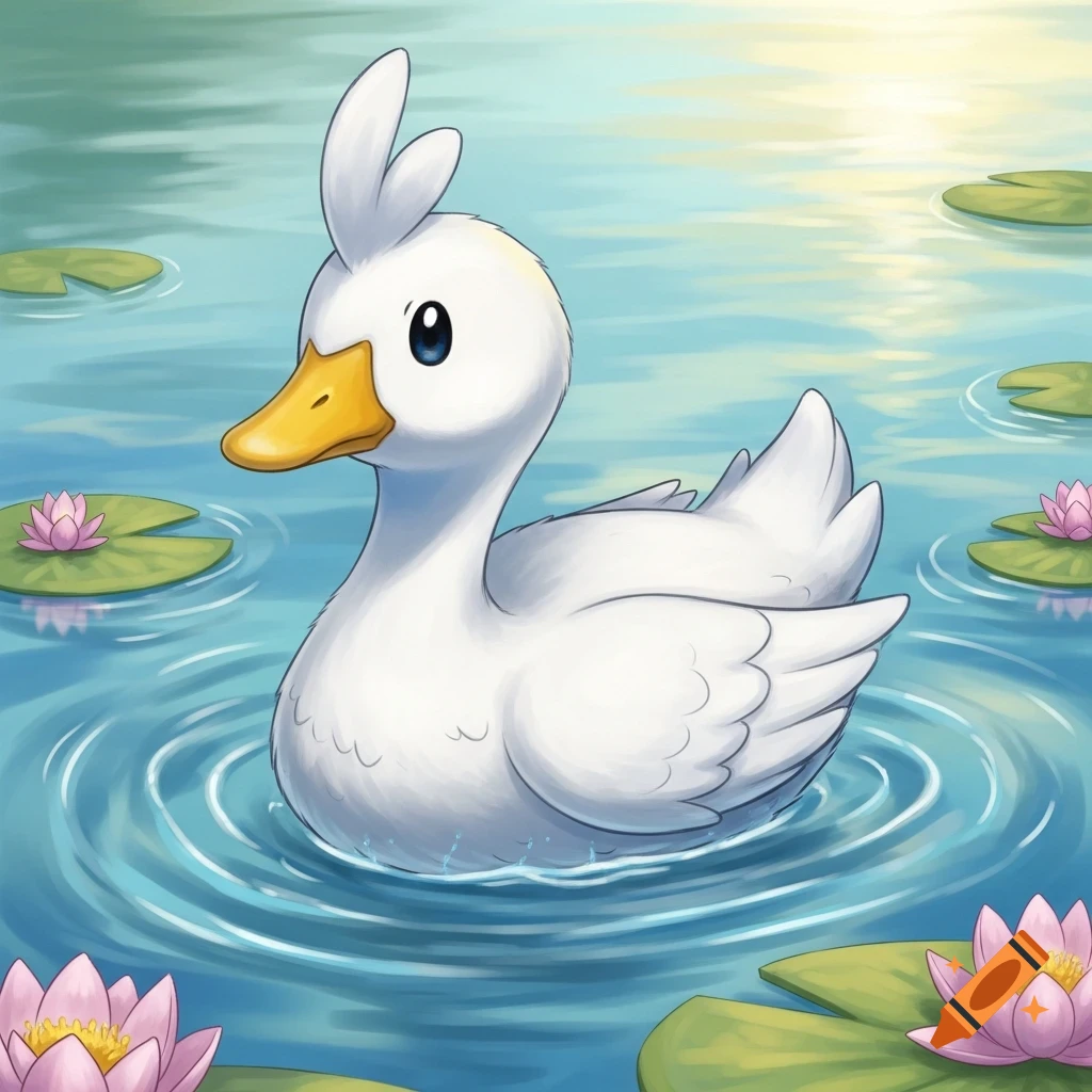 A cute, white cartoon duck-like Pokémon with a yellow beak and a crest, swims in a pond with pink water lilies under a sunny sky.