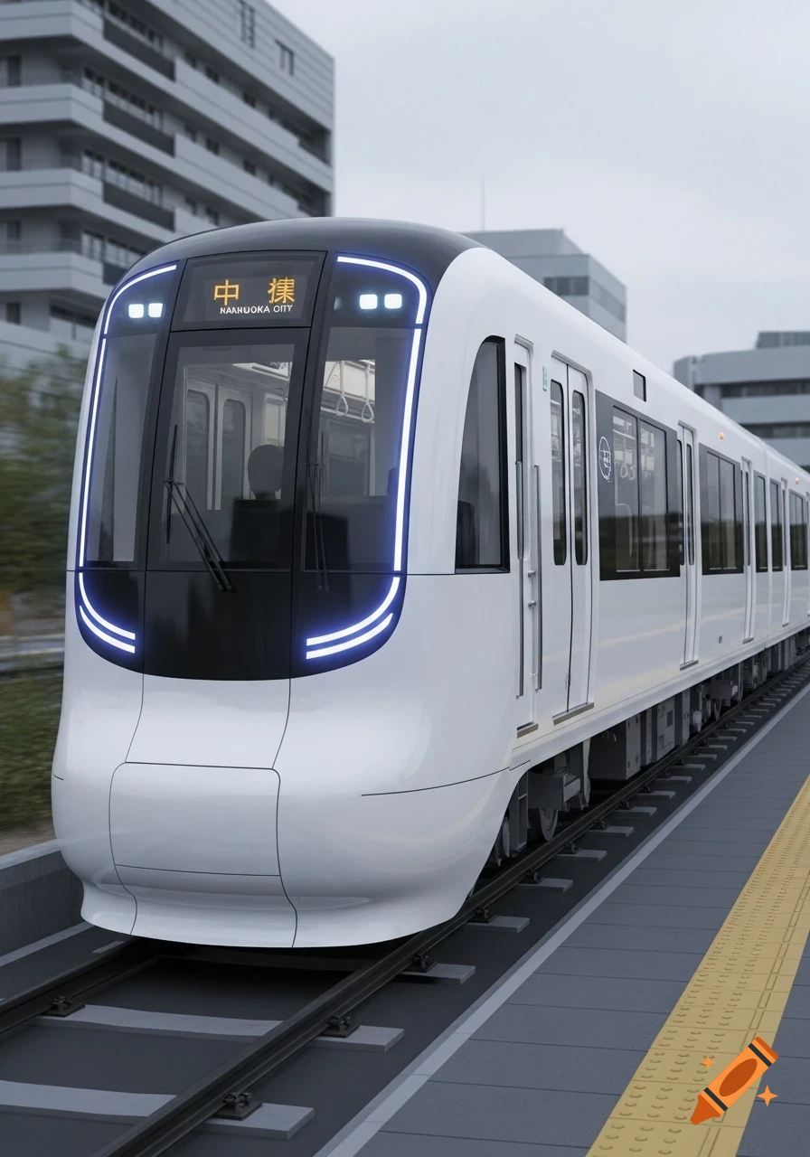 A sleek white and black futuristic subway train with blue LED lights on the front, traveling on tracks past modern buildings under an overcast sky. The destination sign reads "NAANOUKA CITY" and "中 津".
