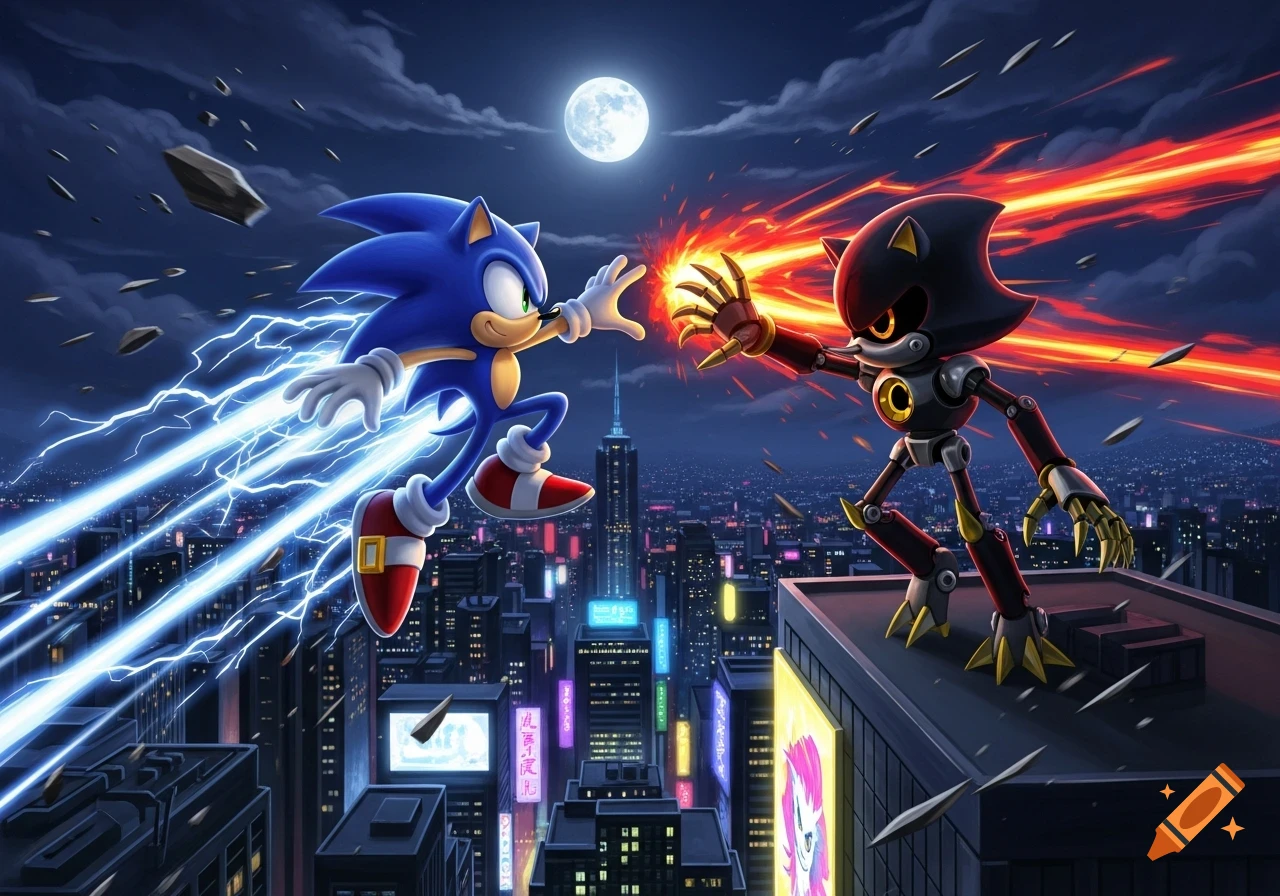 Sonic the Hedgehog and Metal Sonic fight with lightning and fire above a city at night under a full moon.