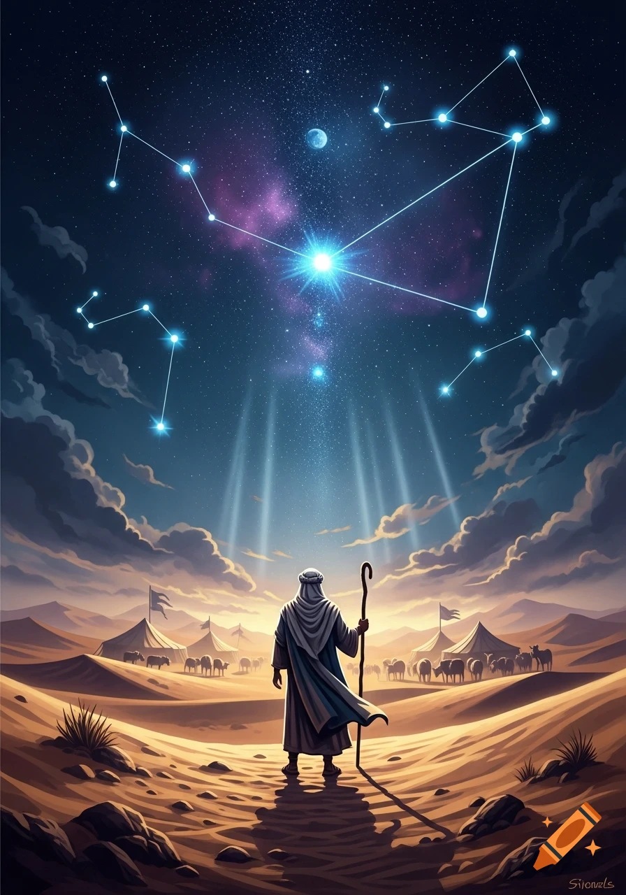 A robed figure with a staff stands in a desert camp at night, looking up at a starry sky with bright constellations.