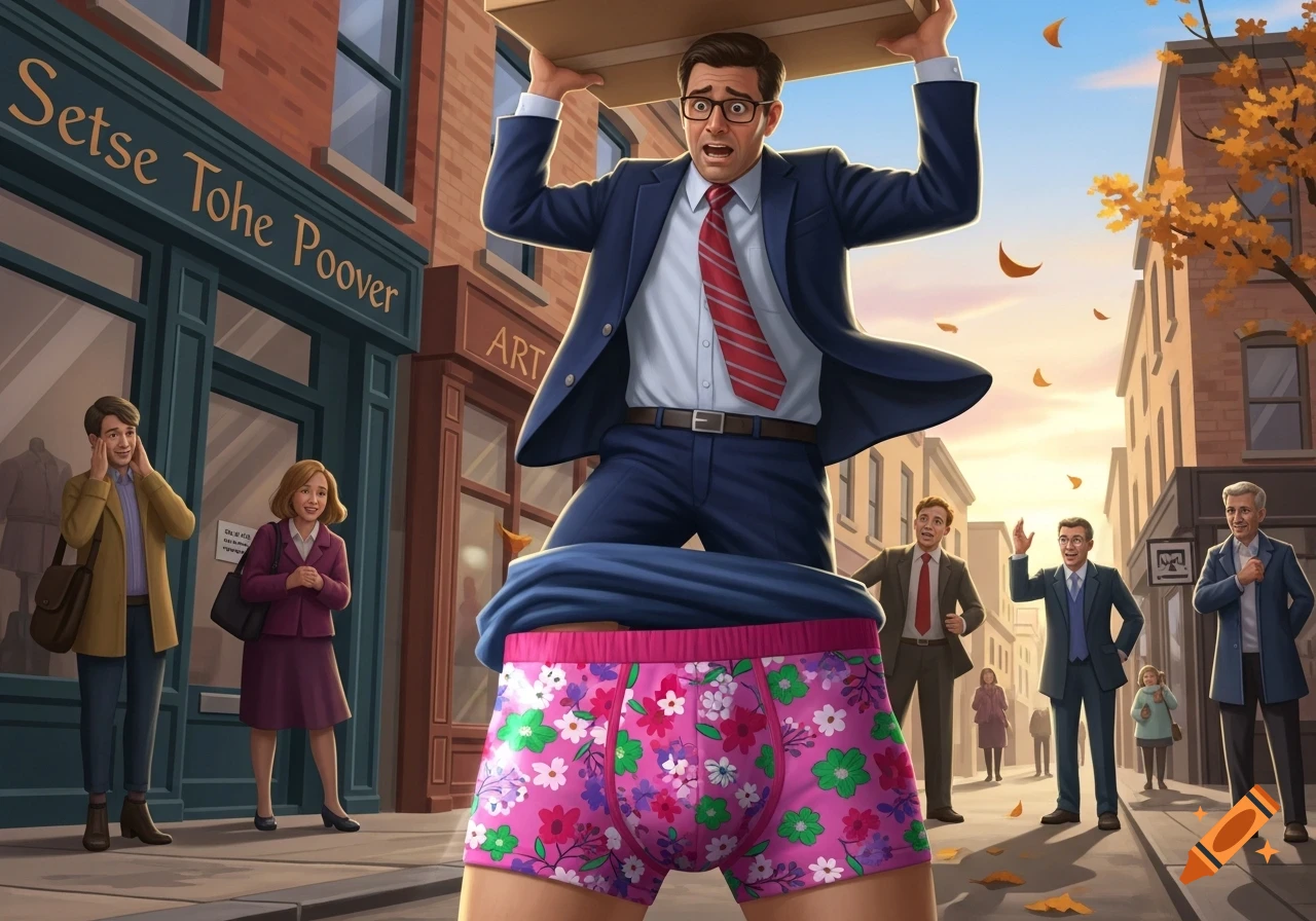 A man in a suit carrying a box looks panicked as his pants fall around his ankles, revealing pink floral boxer briefs to surprised onlookers on a city street.