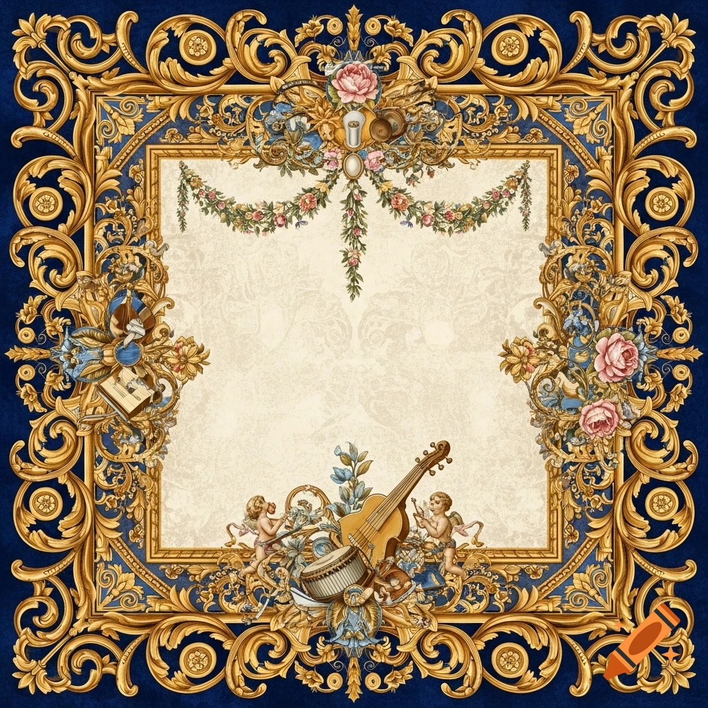 An ornate baroque-style square frame on a dark blue background, featuring gold filigree, cherubs, musical instruments, and floral garlands.