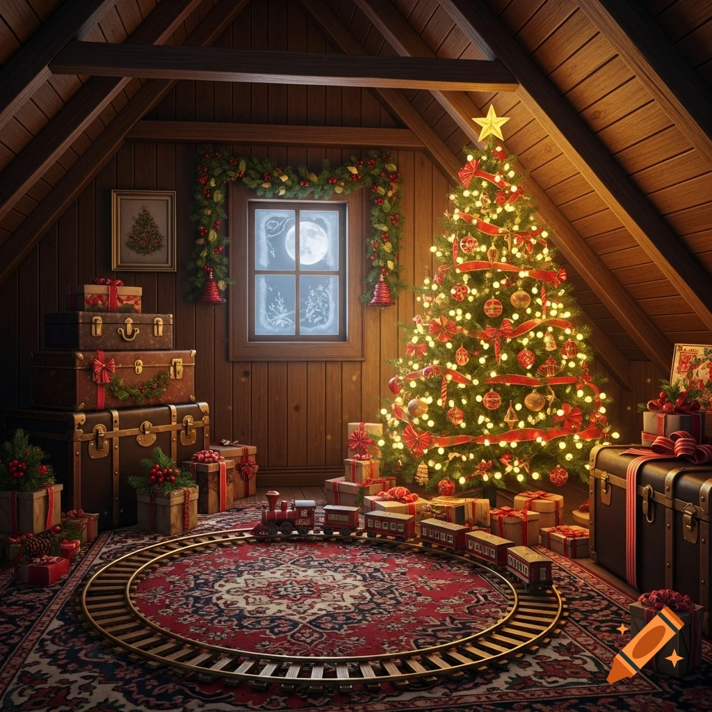 A cozy Christmas attic with a lit tree, gifts, vintage trunks, and a toy train on a patterned rug under a full moon.