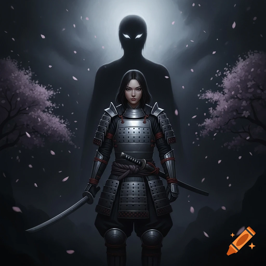 A female samurai in grey armor, holding a katana, stands before a glowing shadowy figure amidst falling pink cherry blossoms in a dark, fantasy setting.