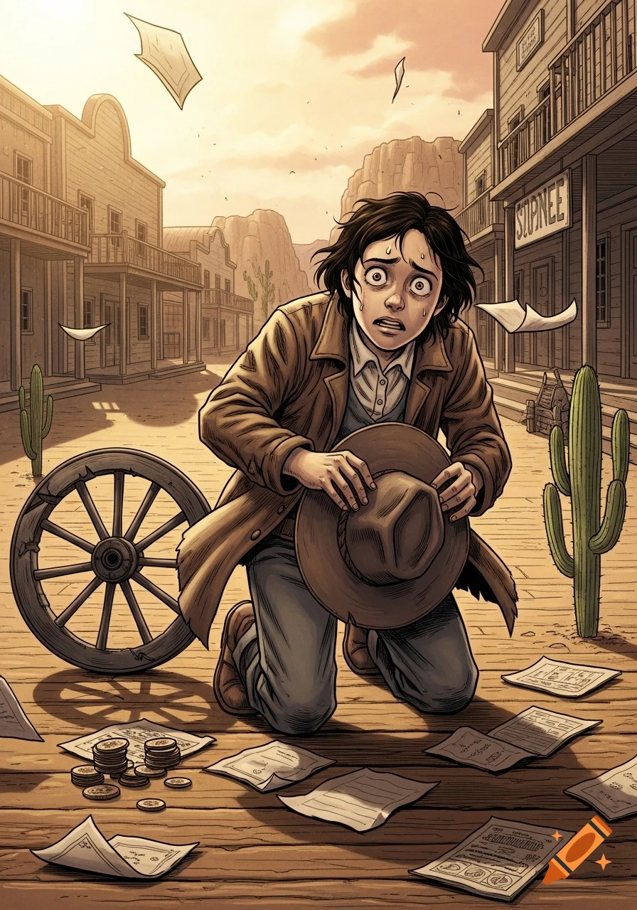 Nervous person kneels in a dusty Western town street, clutching a hat, with scattered papers, coins, and a wagon wheel, in comic art style.