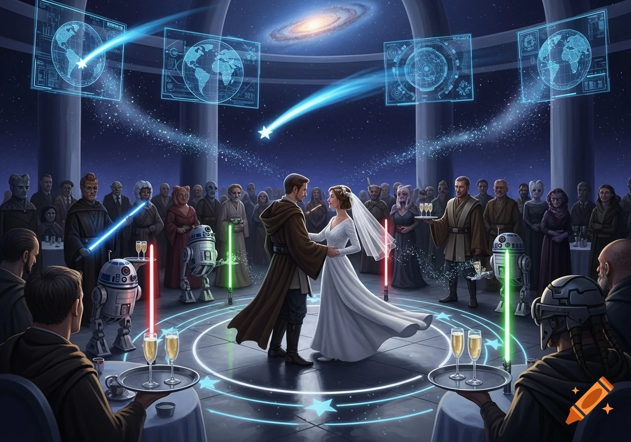 A Star Wars-themed wedding with a couple dancing, surrounded by Jedi, droids, and guests under a galactic sky with holograms.