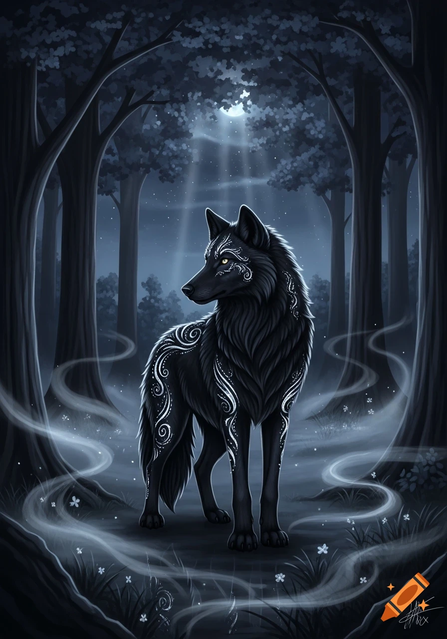 A stylized black wolf with glowing silver swirls on its fur stands in a dark, moonlit forest, surrounded by mist.