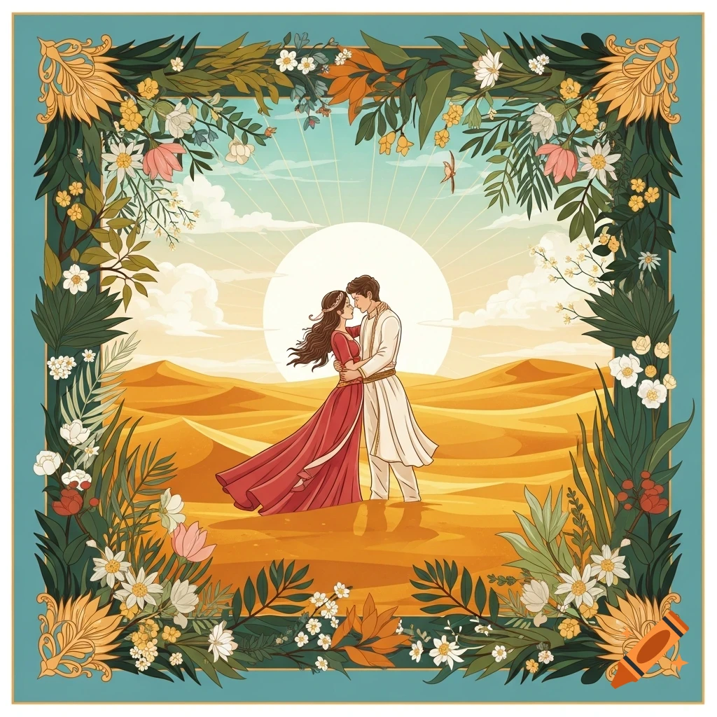 A stylized illustration of a couple embracing in a desert under a large sun, framed by lush flowers and foliage.