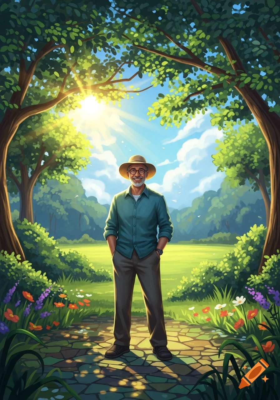 A smiling man in a hat and glasses stands on a sun-dappled stone path in a vibrant, lush garden, illustration style.