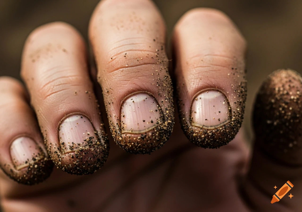 Close-up macro shot of fingers with dirt under and around the fingernails.