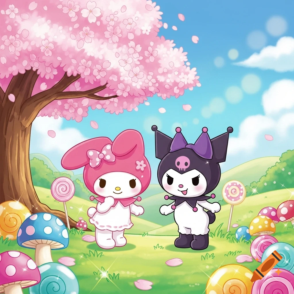 My Melody and Kuromi stand under a pink cherry blossom tree in a whimsical field with lollipops and colorful mushrooms in a cute cartoon style.
