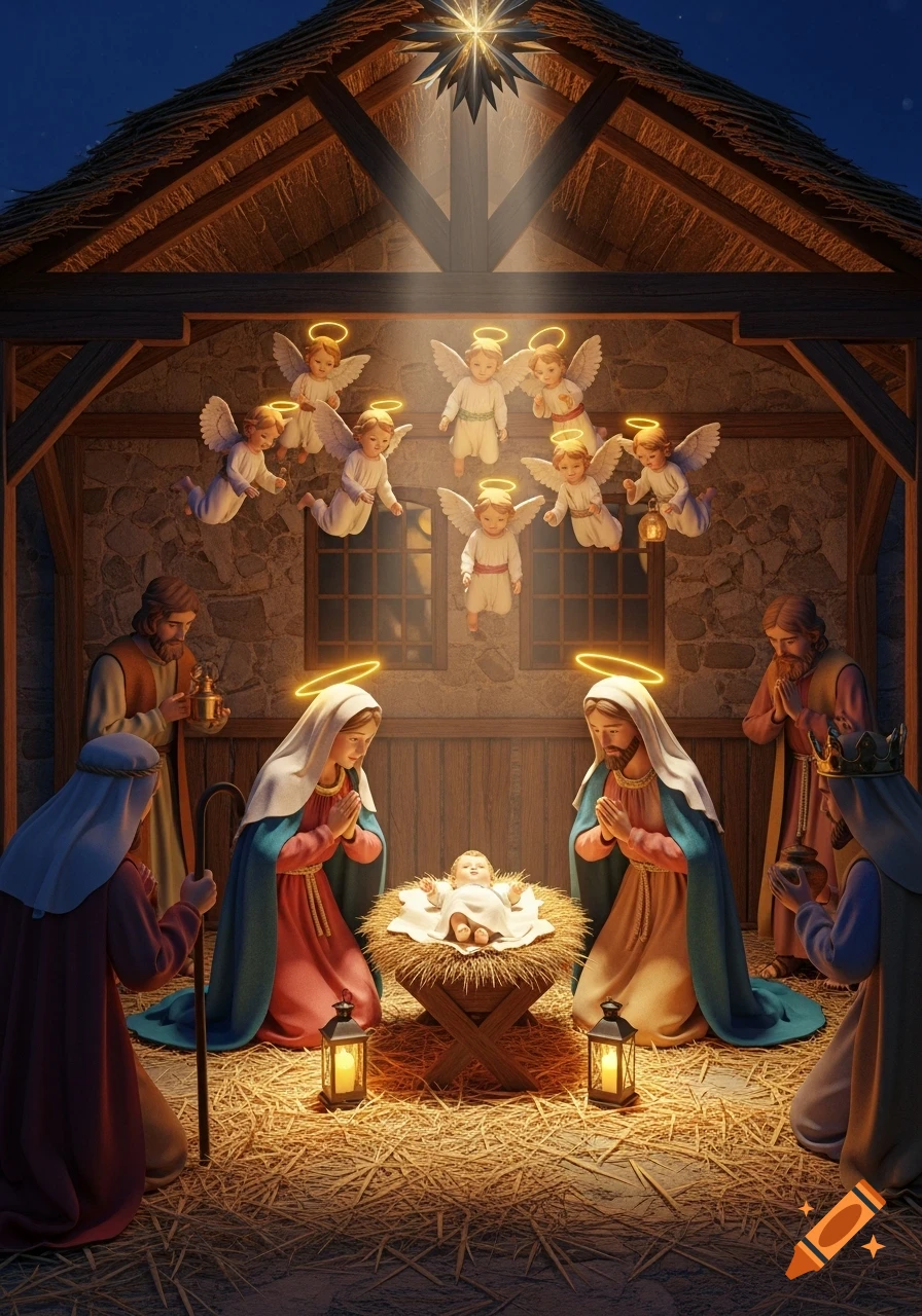 A 3D rendered Nativity scene depicting Mary, Joseph, the Wise Men, and cherubic angels adoring baby Jesus in a stable, under a bright star.