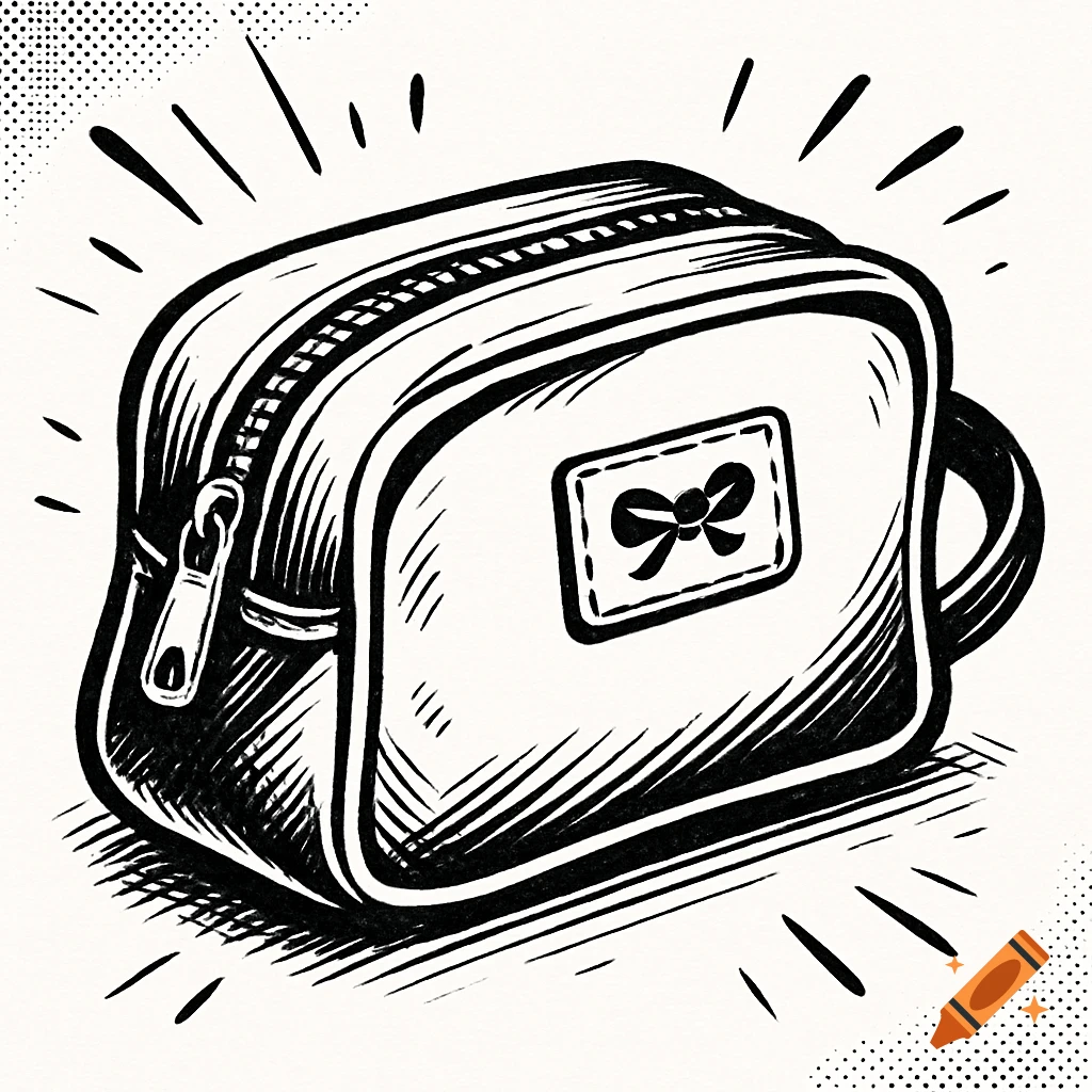 Black and white comic style illustration of a toiletry bag with a zipper and a bow motif.
