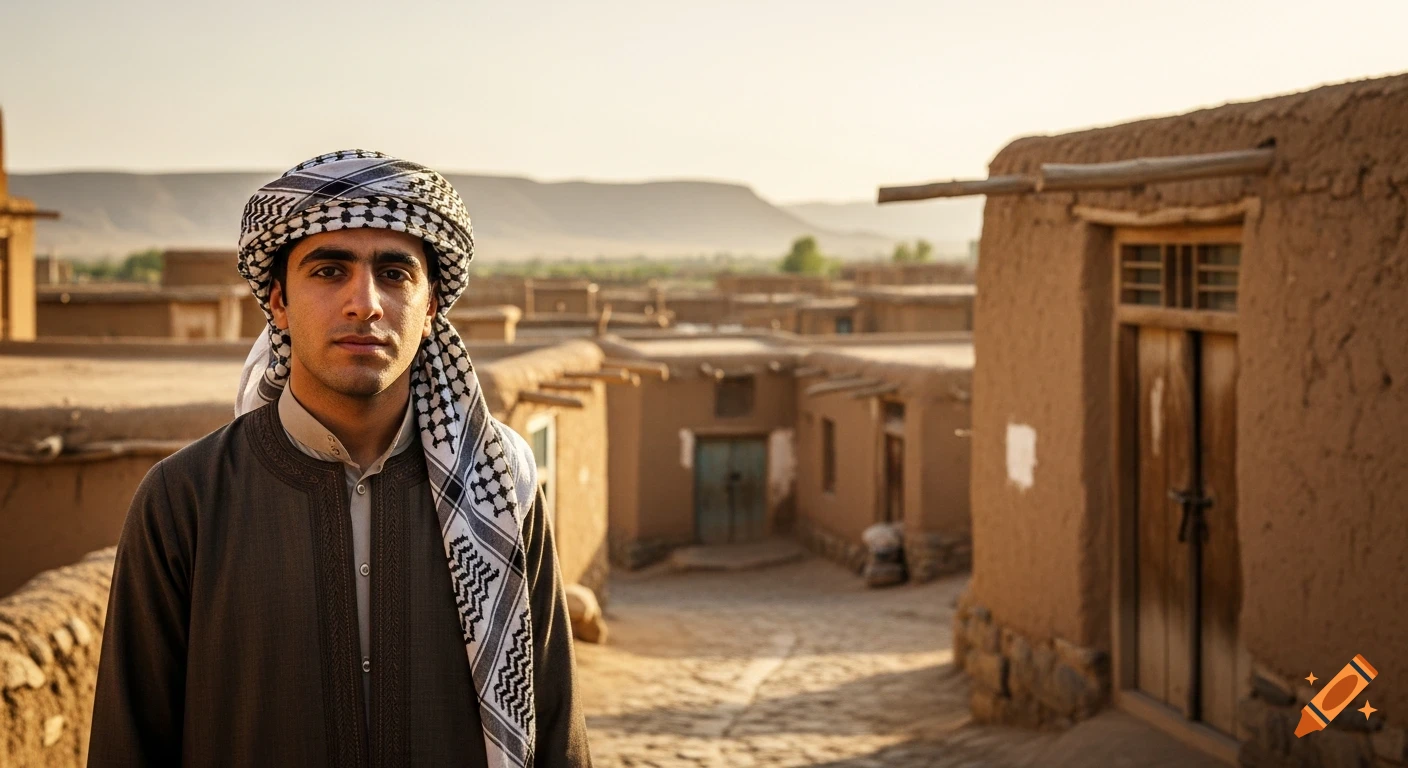 A young man in a keffiyeh and traditional attire stands in an old village with mud-brick houses under a clear sky.