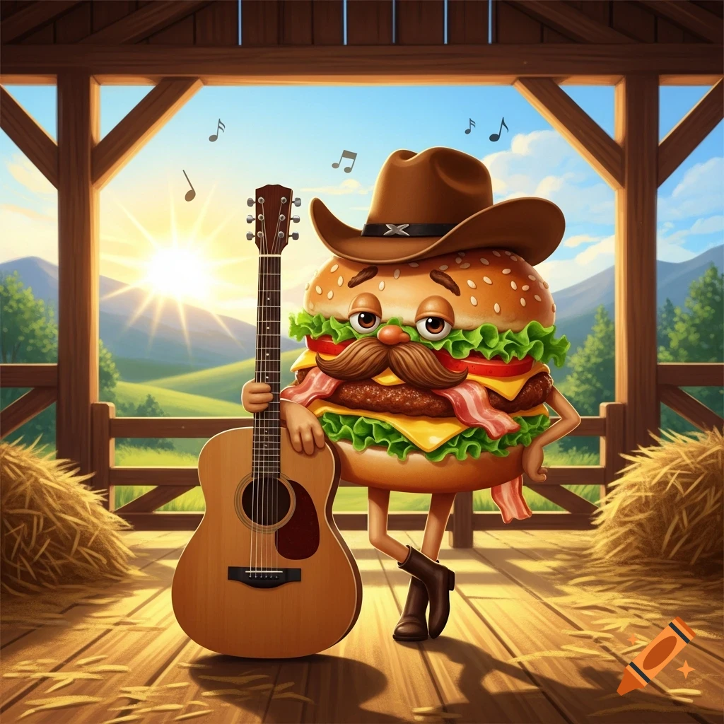 A funny, humanized burger wearing a cowboy hat, holding a guitar, and standing in a rustic barn with hay bales.