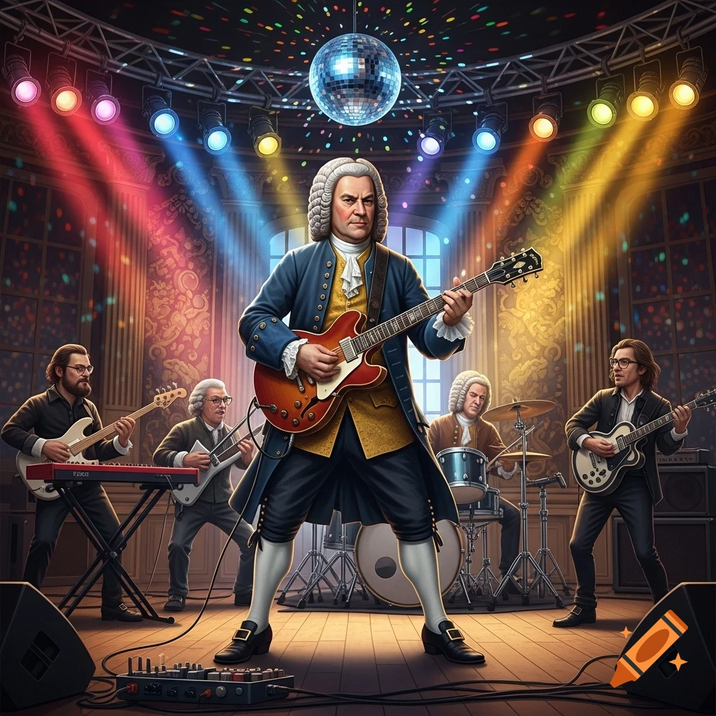 Johann Sebastian Bach in a wig and period attire plays an electric guitar, leading a band with other musicians on a colorful stage with a disco ball.
