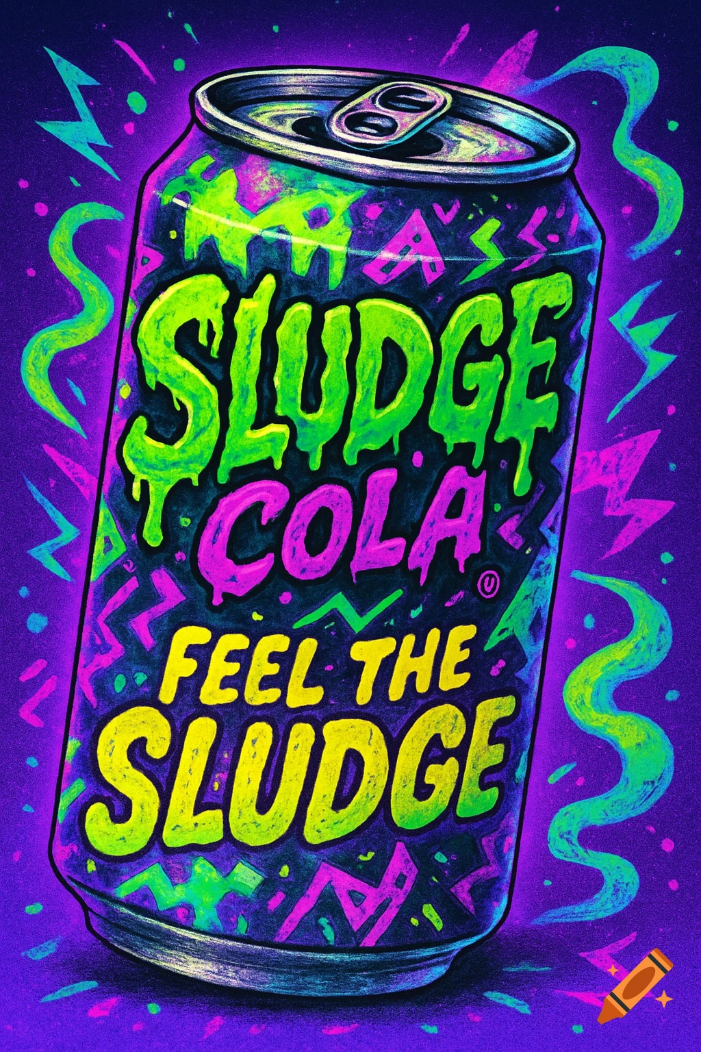 A neon-colored 90s-style illustration of a 'Sludge Cola' can with 'Feel the Sludge' text on a purple background.