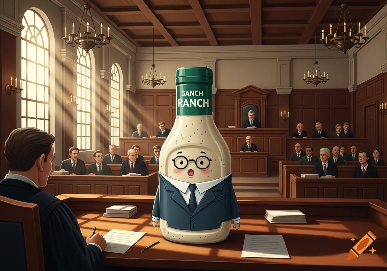 A cartoon bottle of ranch dressing wearing a suit stands in a courtroom, testifying before a judge and jury.