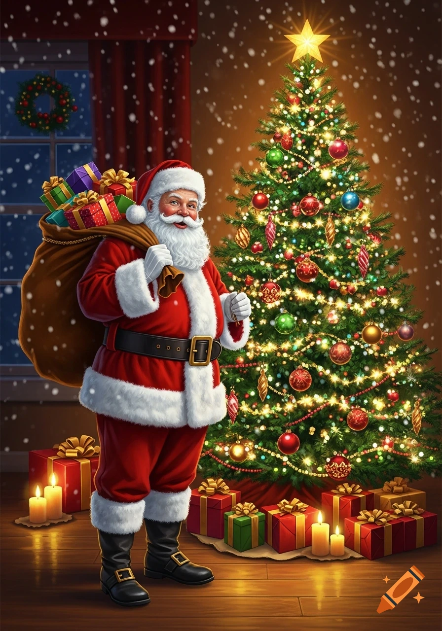 Santa Claus in a red suit carries a sack of gifts, standing beside a luminous, decorated Christmas tree with presents at its base, as snow falls.